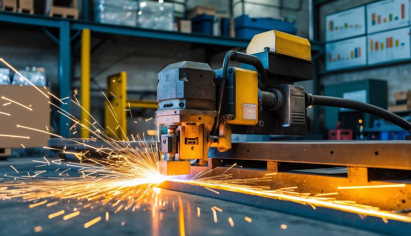 Sparks fly as a plasma cutter slices through metal sheets in a busy industrial workshop. Charts and graphs on the wall show market trends