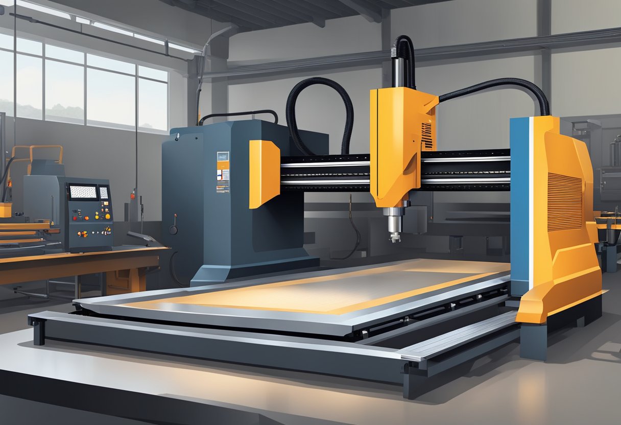 A CNC plasma cutting machine with essential tools and equipment in a well-lit workshop setting