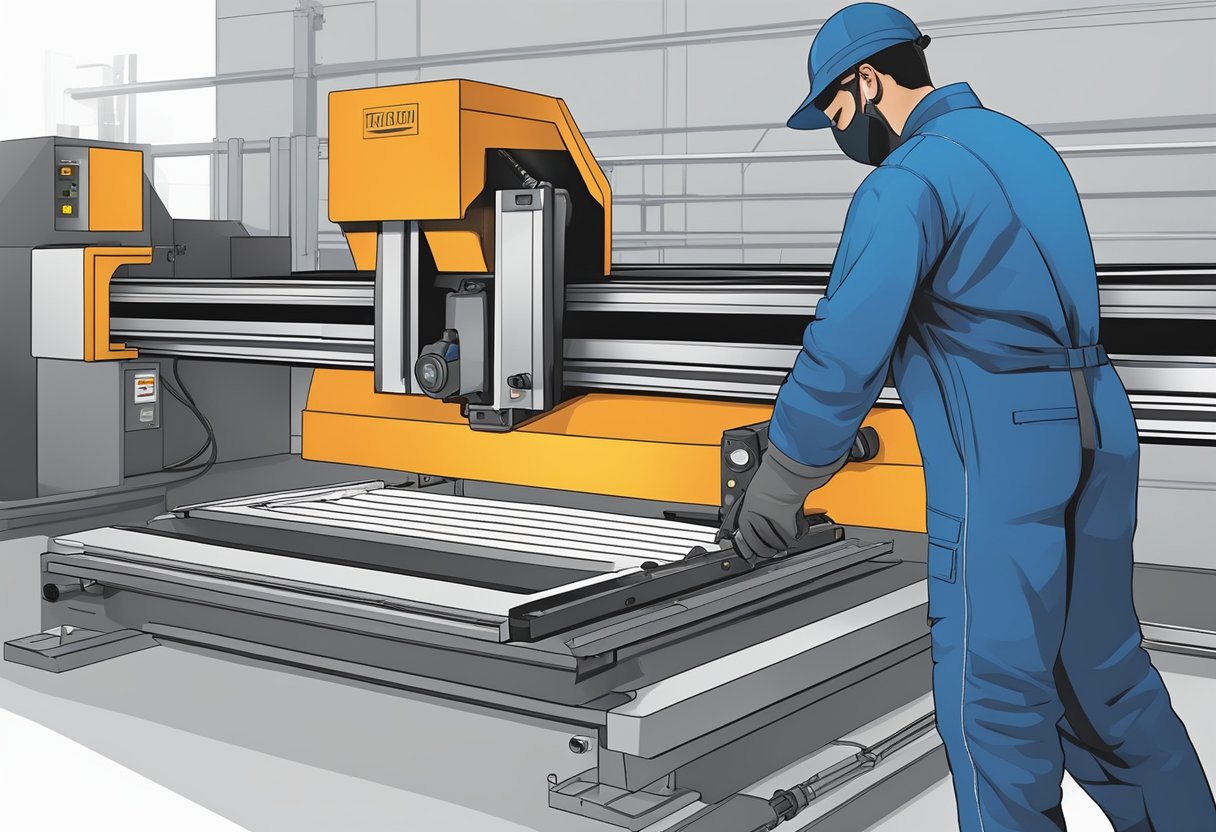 A technician adjusts settings on a CNC plasma cutting machine while wearing safety gear and following operational guidelines