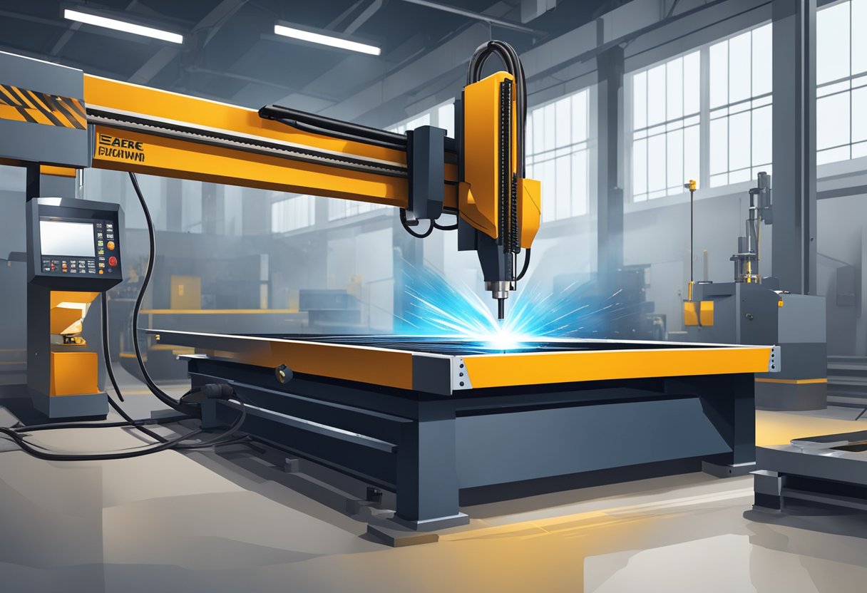 A CNC plasma cutting machine in a large industrial workshop, surrounded by metal sheets, tools, and safety equipment. Sparks fly as the machine precisely cuts through a thick metal plate