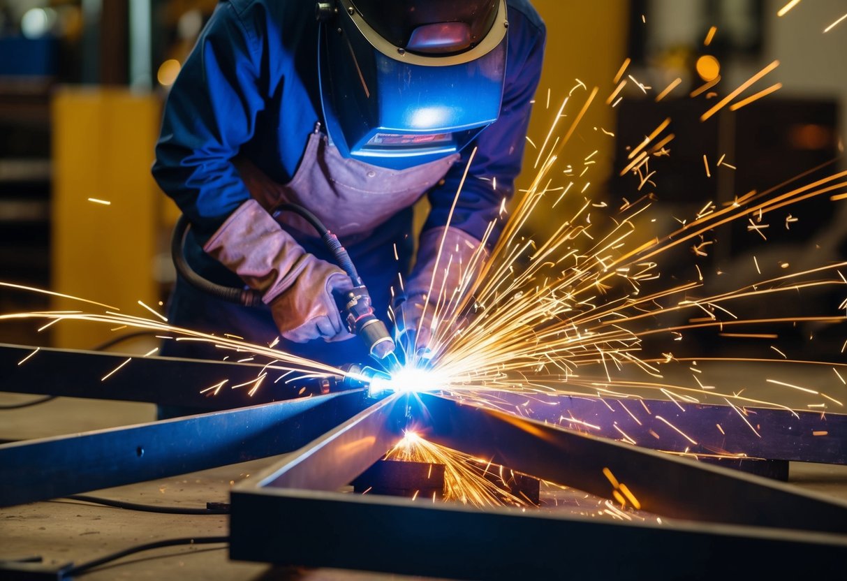 Bright plasma arc welder in action, sparks flying, metal pieces melting and fusing together