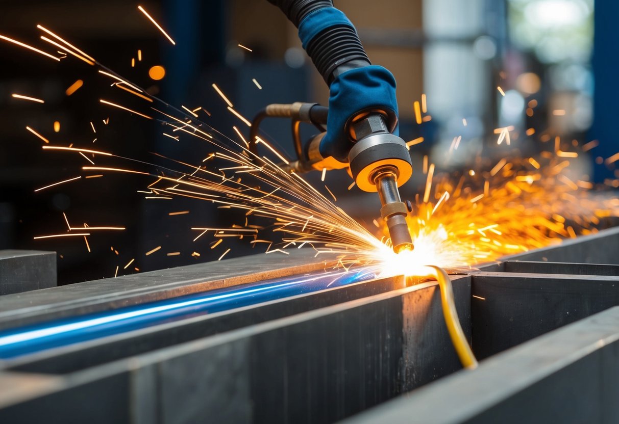 Bright plasma arc welding in action, melting metal with intense heat. Sparks fly as the welding torch moves along the seam
