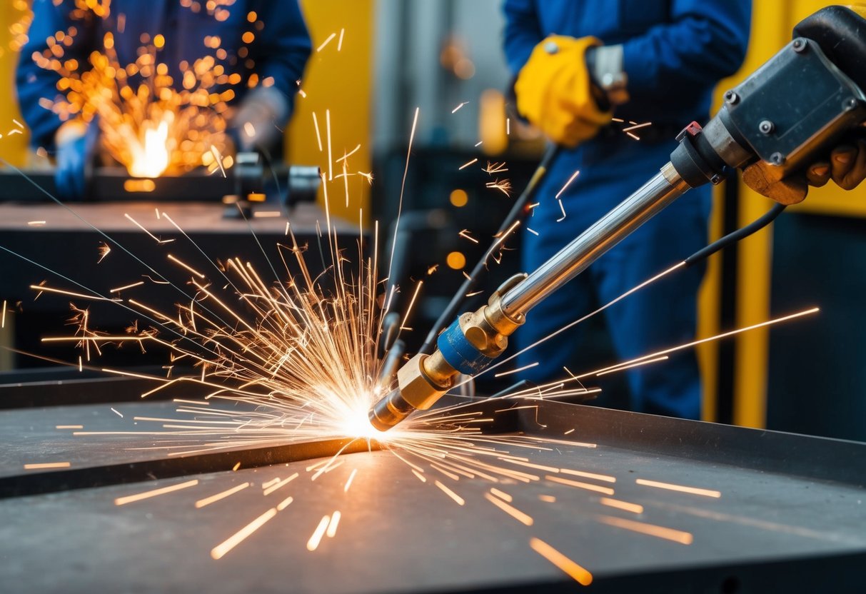 Sparks fly as plasma arc welding torch cuts through metal, while other welding methods are shown in the background