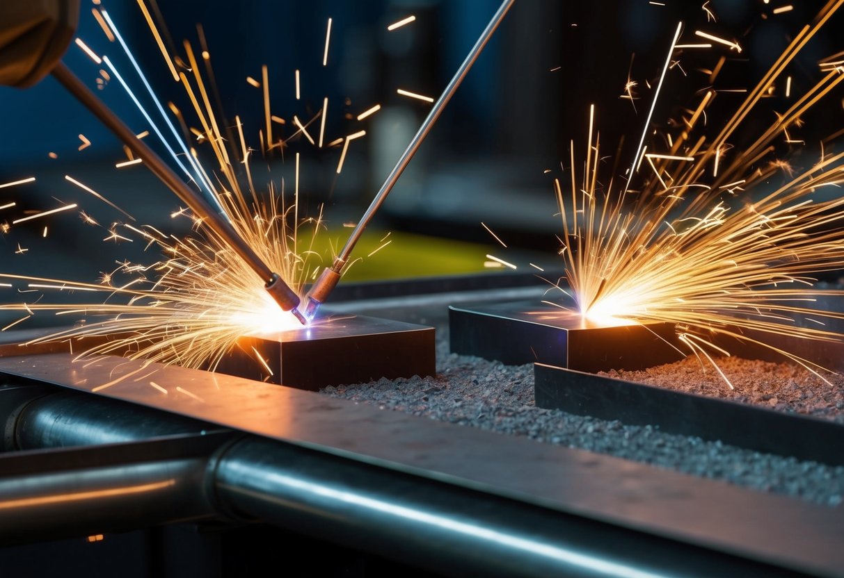 Sparks fly as two metal pieces are fused together with precision using plasma arc welding