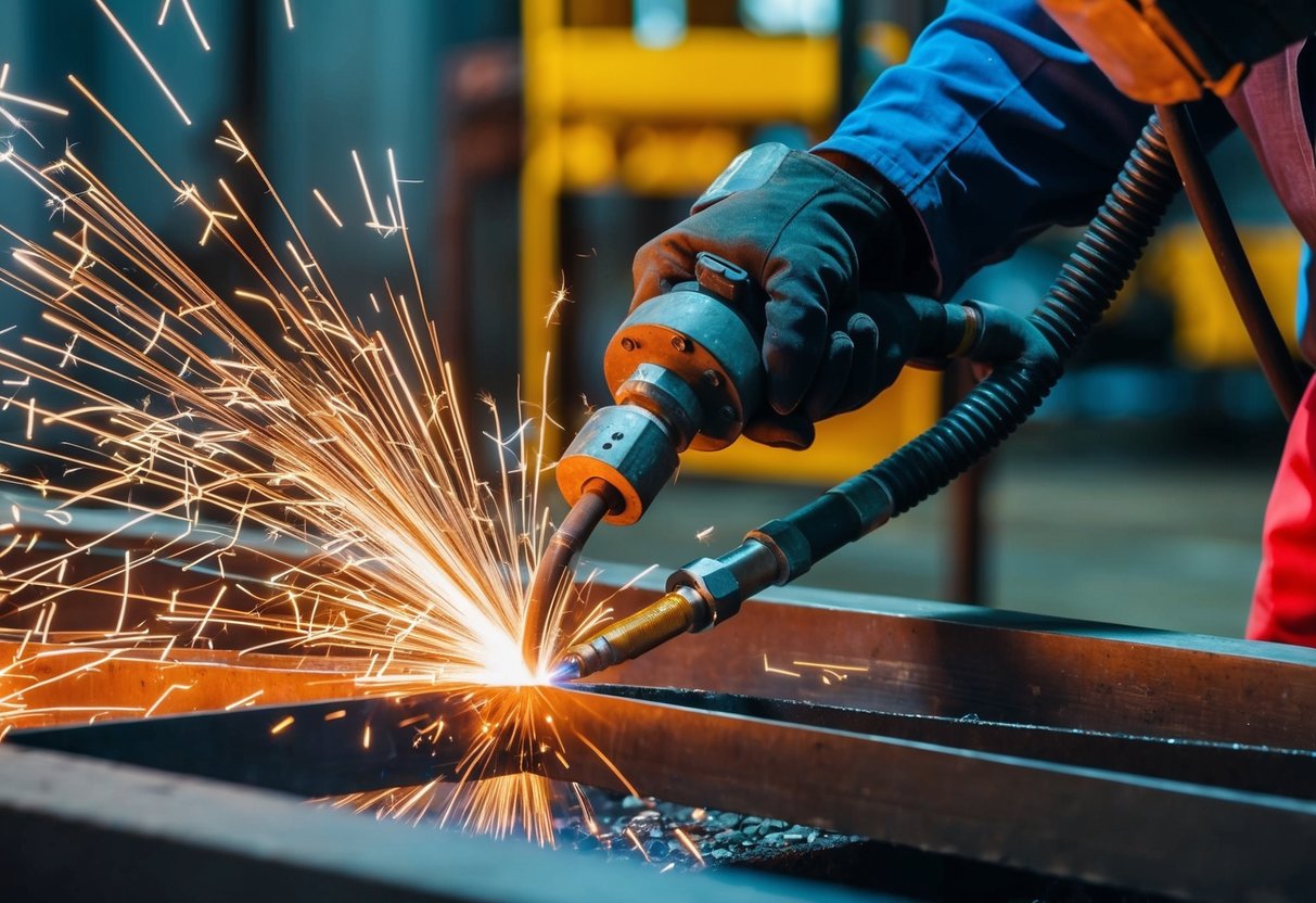 Sparks fly as plasma arc welder fuses metal pieces in industrial setting