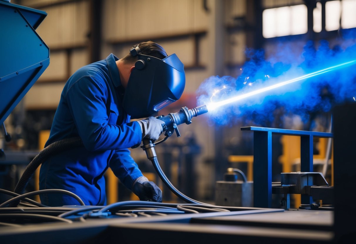 Bright blue plasma arc welding in a futuristic industrial setting with metalwork and machinery