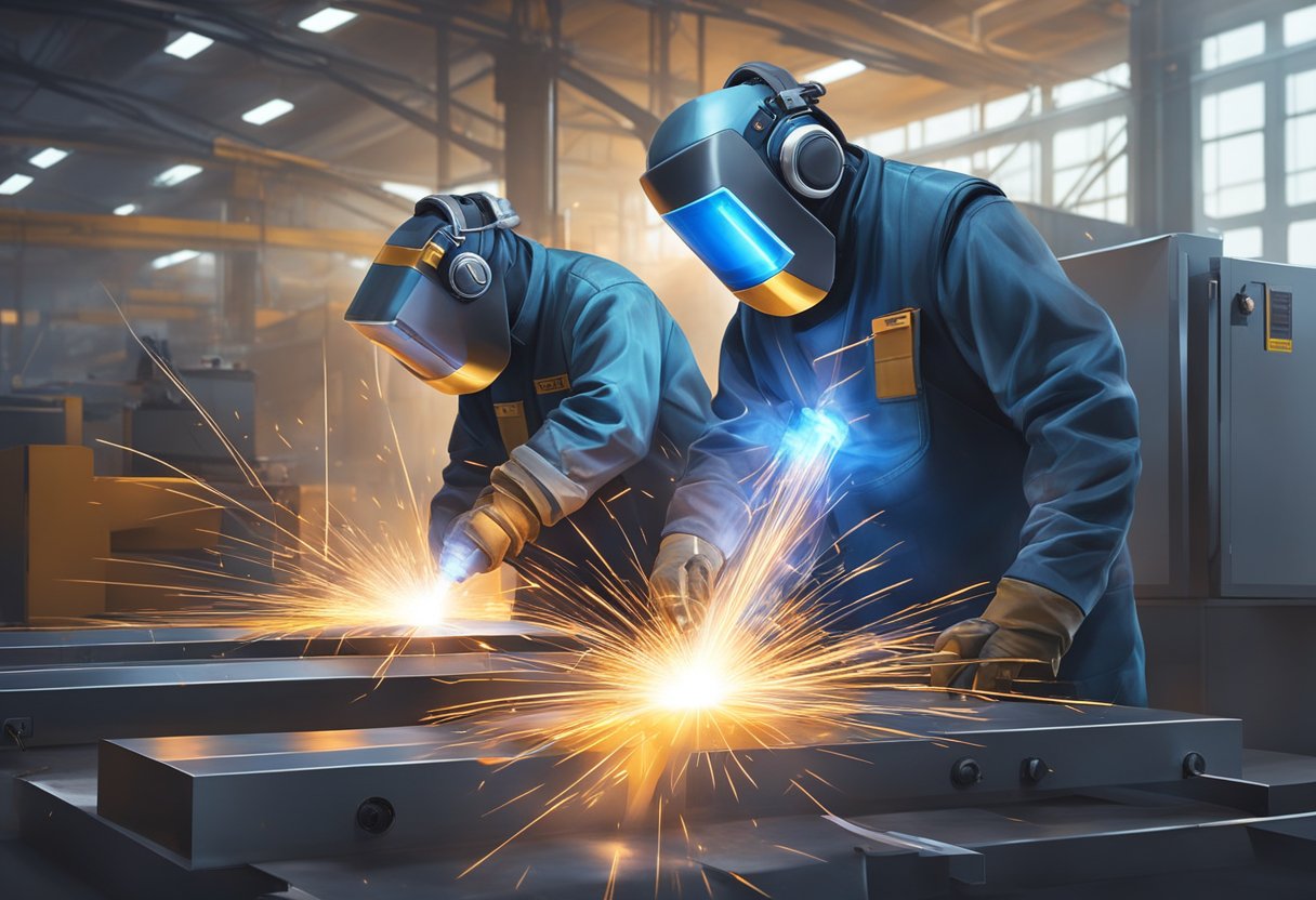 Sparks fly as two welding machines, one TIG and one plasma, join metal pieces together in a futuristic industrial setting