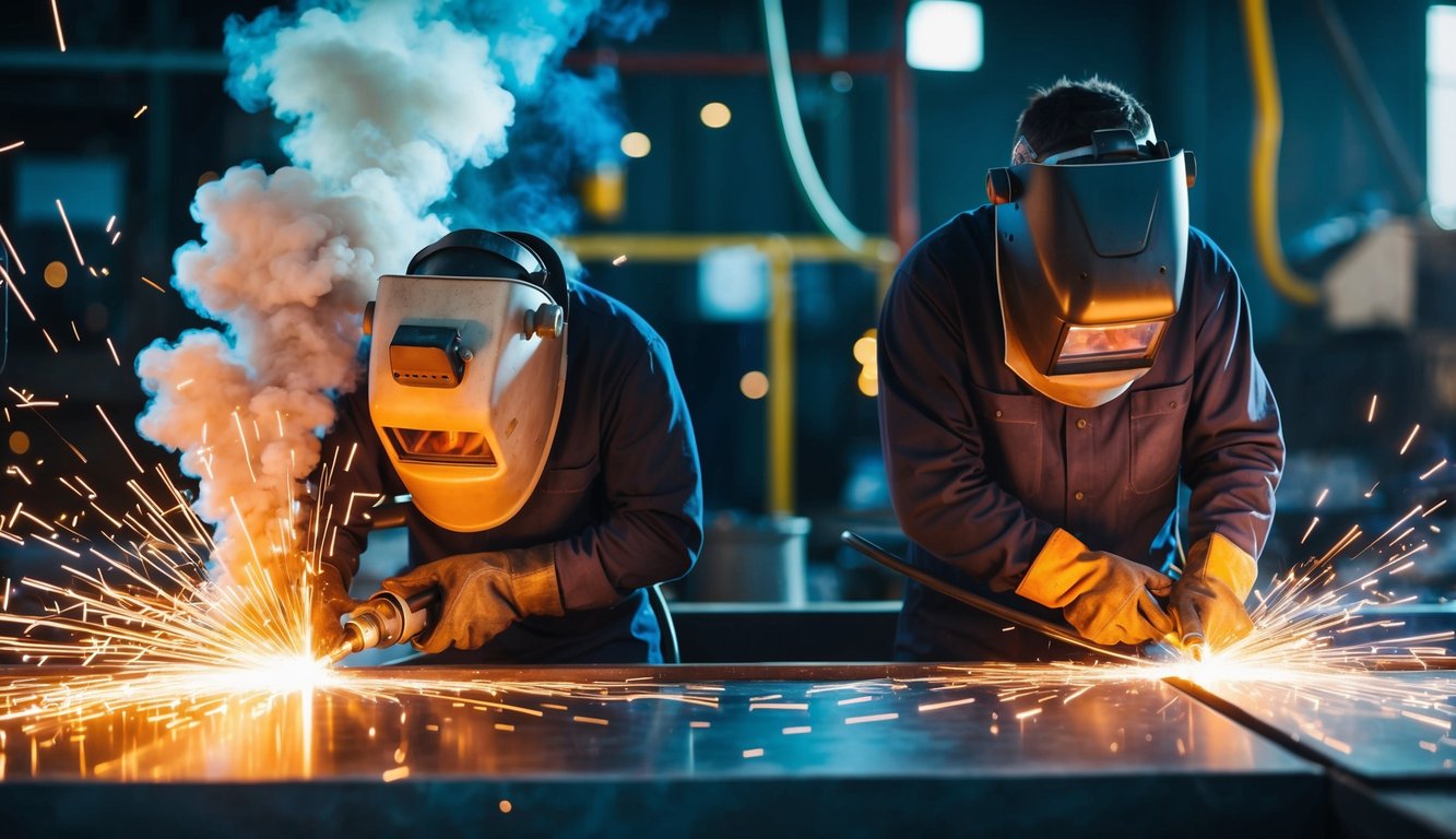Bright sparks fly as plasma and MIG welders work side by side, creating a symphony of sizzling metal and billowing smoke