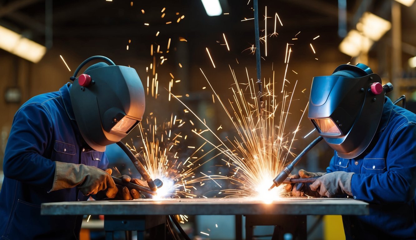 Sparks flying as two welding techniques, plasma and MIG, are demonstrated side by side in a workshop setting