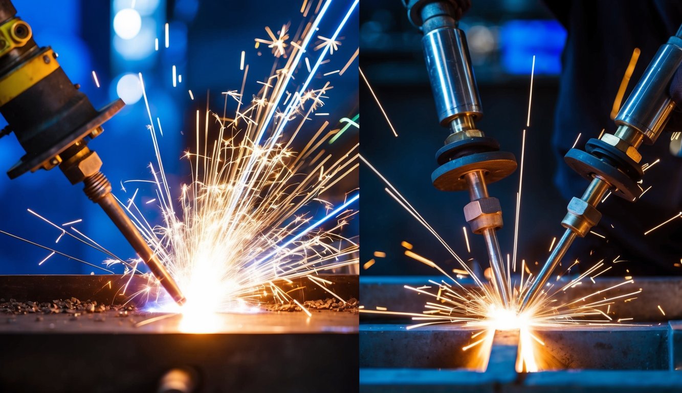 Bright sparks fly as two welding processes, plasma and MIG, are compared side by side. Blue and white light illuminate the metalwork, showcasing the intense heat and precision of each technique