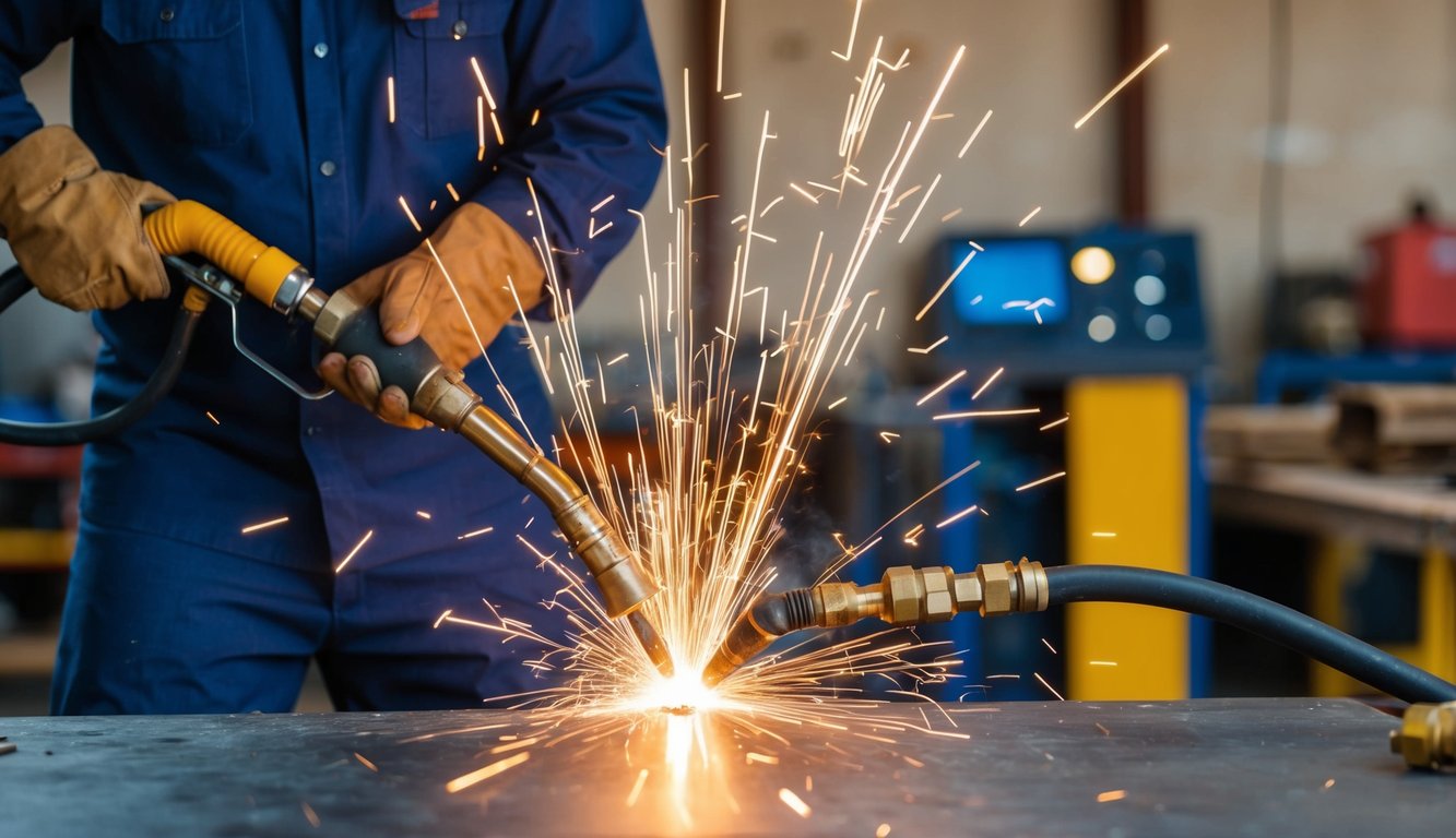Sparks flying as plasma and MIG welding torches are used on metal surfaces in a workshop