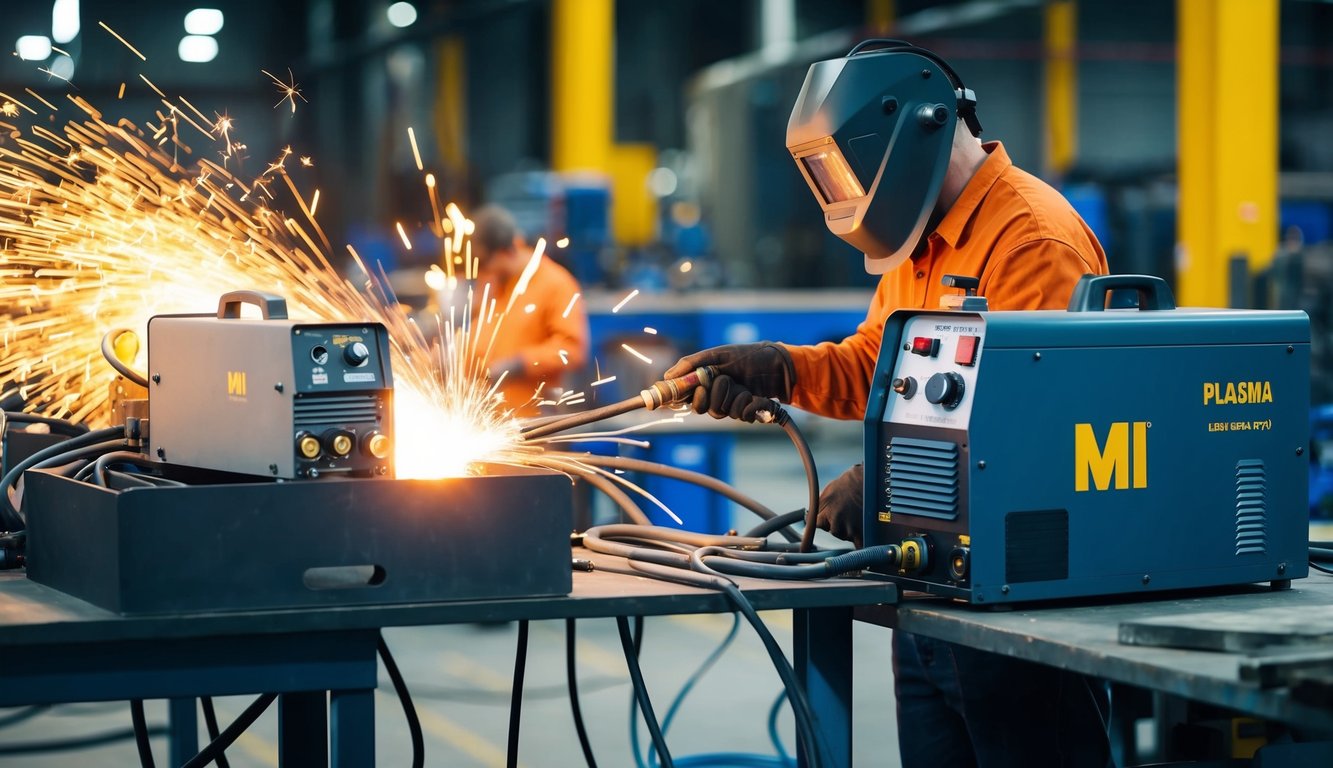 Sparks fly as plasma and MIG welding machines operate side by side in a busy workshop, with a focus on cost and ROI
