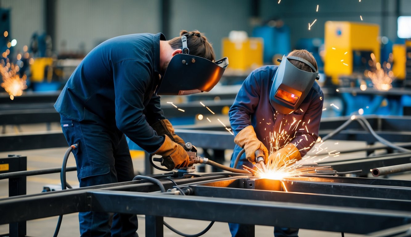 Sparks fly as two welders work on metal structures using plasma and MIG welding techniques in a busy industrial workshop