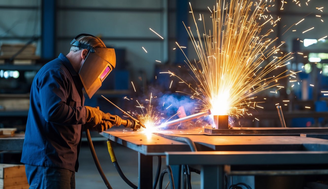 Sparks fly as a plasma cutter and MIG welder face off in a metal fabrication workshop. The intense heat and bright light create a dynamic and dramatic scene