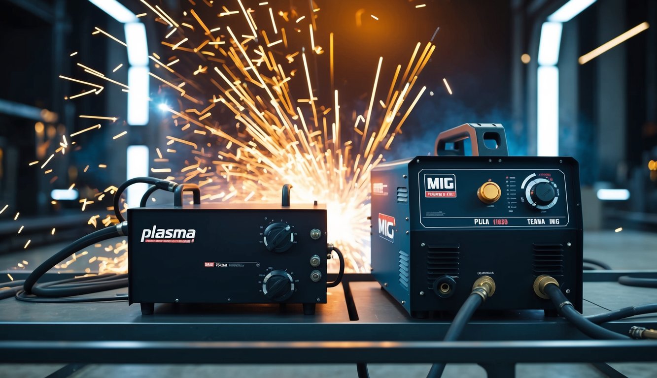 Sparks fly as plasma and MIG welding machines face off in a futuristic industrial setting. Advanced technology and sleek design highlight the contrast between the two welding methods