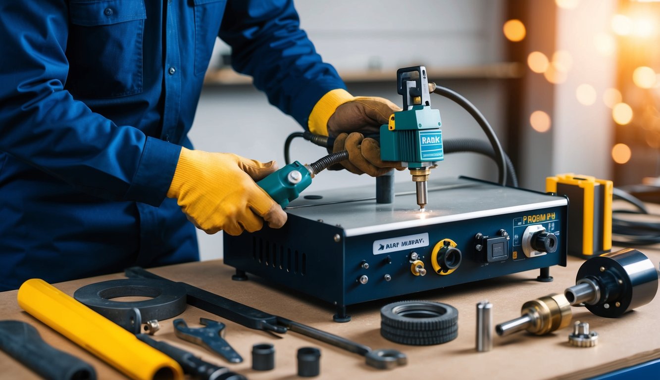 A technician replacing plasma cutting consumables on a workbench with various tools and spare parts nearby