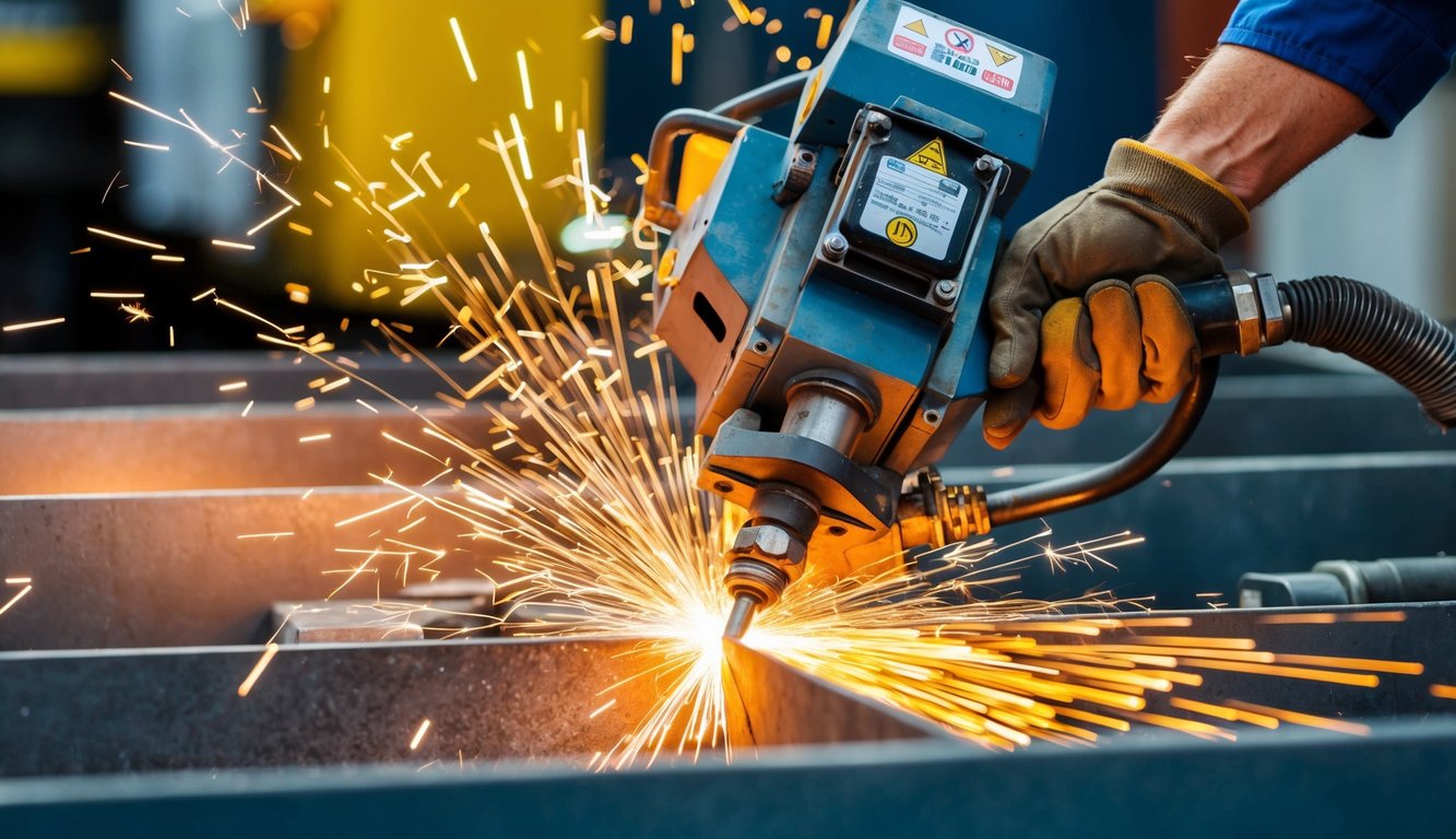 Sparks flying as a plasma cutter slices through metal. Consumables being replaced and maintained by a technician