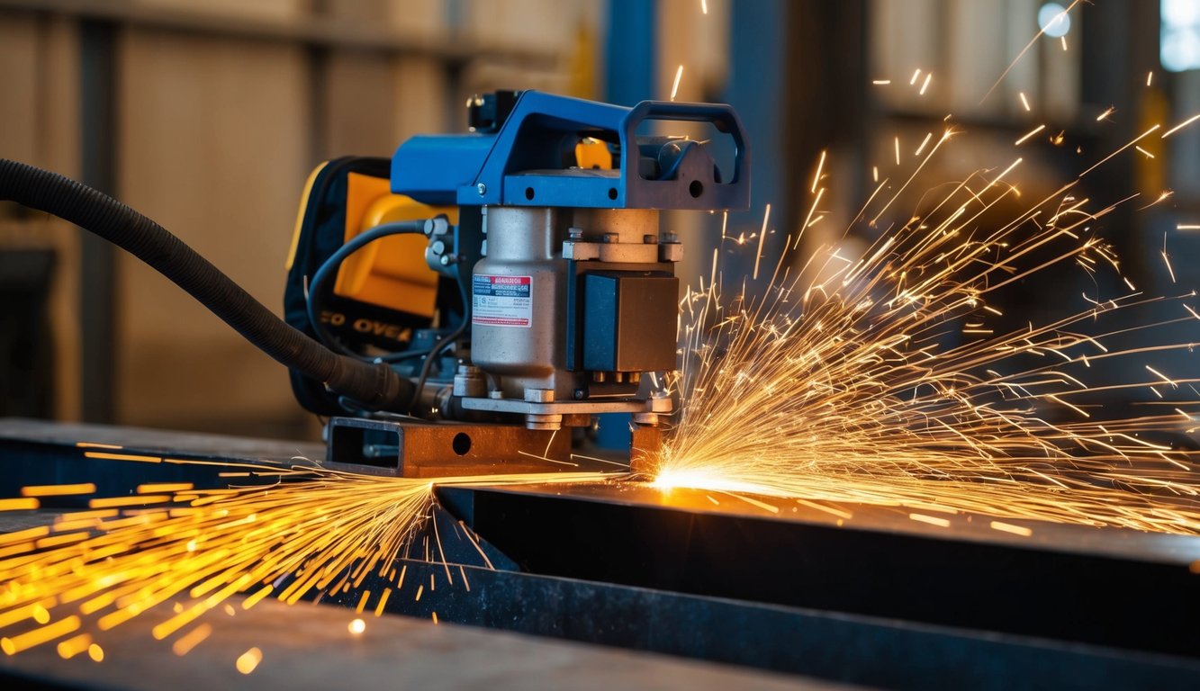 Sparks fly as a plasma cutter slices through metal. Consumables are carefully replaced and inspected for optimal performance and longevity