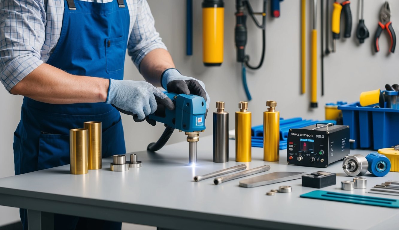 A technician replacing plasma cutting consumables on a clean workbench with various tools and spare parts neatly organized nearby