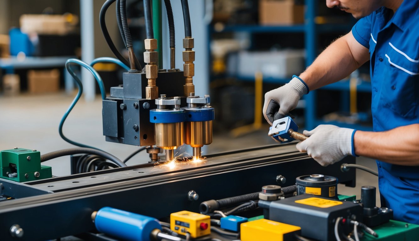 A technician replacing worn plasma cutting consumables with new parts on a machine, surrounded by various tools and equipment for maintenance