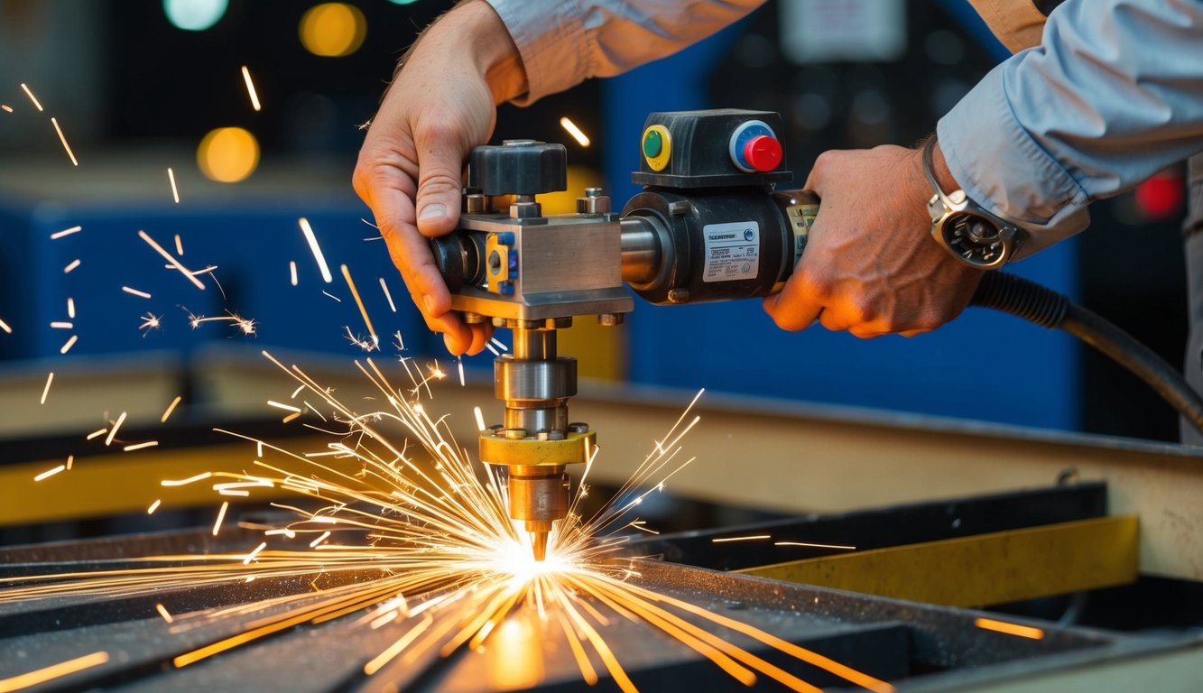 Sparks fly as a technician carefully replaces worn consumables on a plasma cutting machine, following advanced maintenance tips