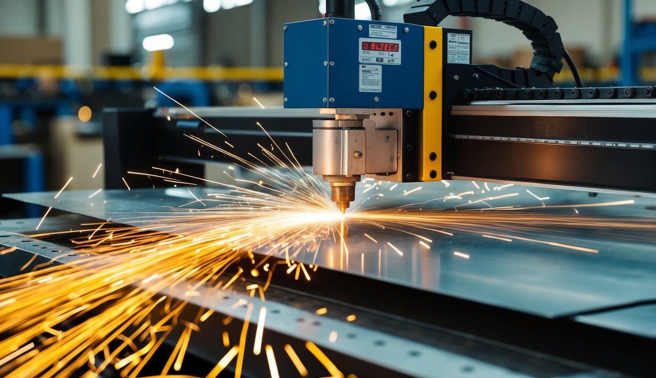 Las chispas vuelan como una rebanada láser y cortadora de plasma a través de las hojas de metal en un taller. Las vigas brillantes y el calor intenso crean patrones intrincados y cortes precisos