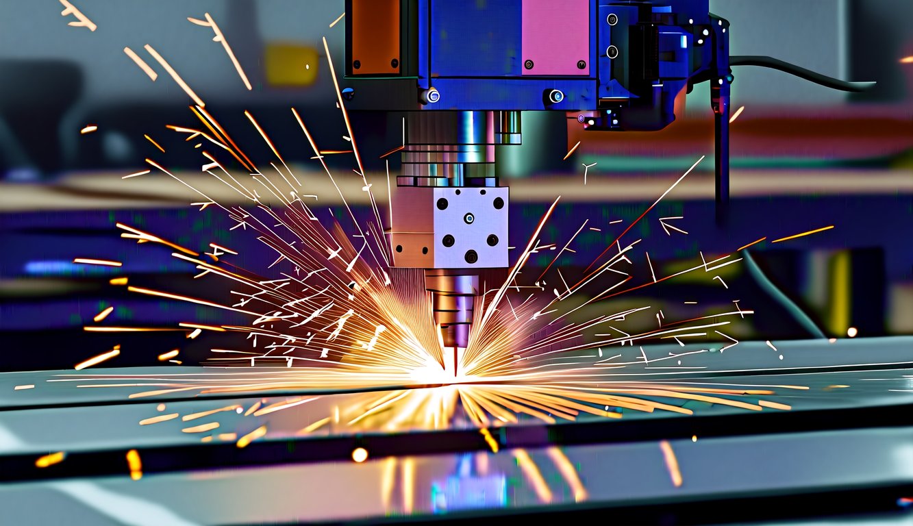 Las chispas vuelan como una rebanada láser y cortadora de plasma a través de sábanas de metal en un taller de fabricación