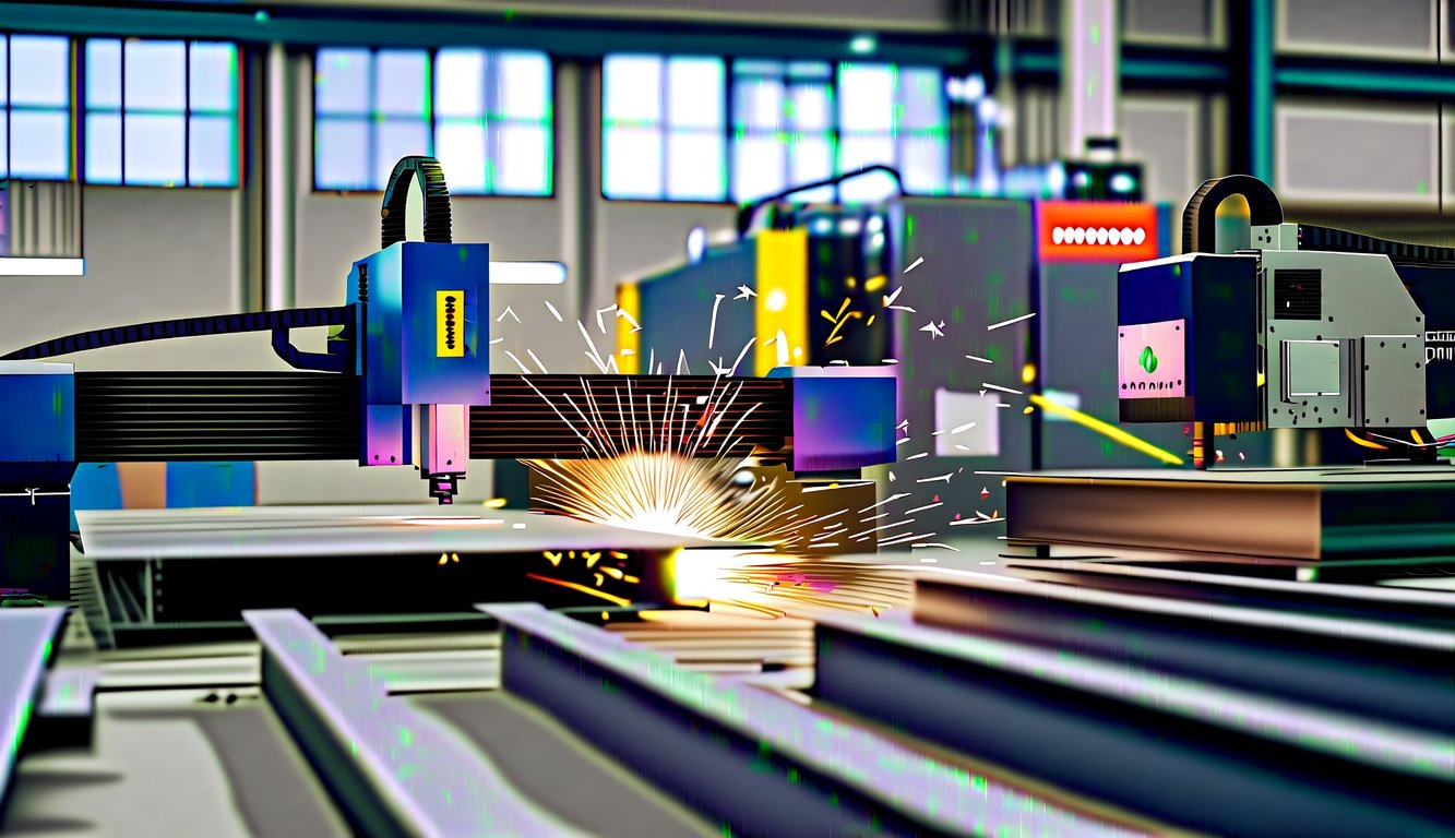 Un taller con una máquina de corte con láser en un lado y una máquina de corte de plasma en el otro, con chispas volando mientras se cortan las hojas de metal