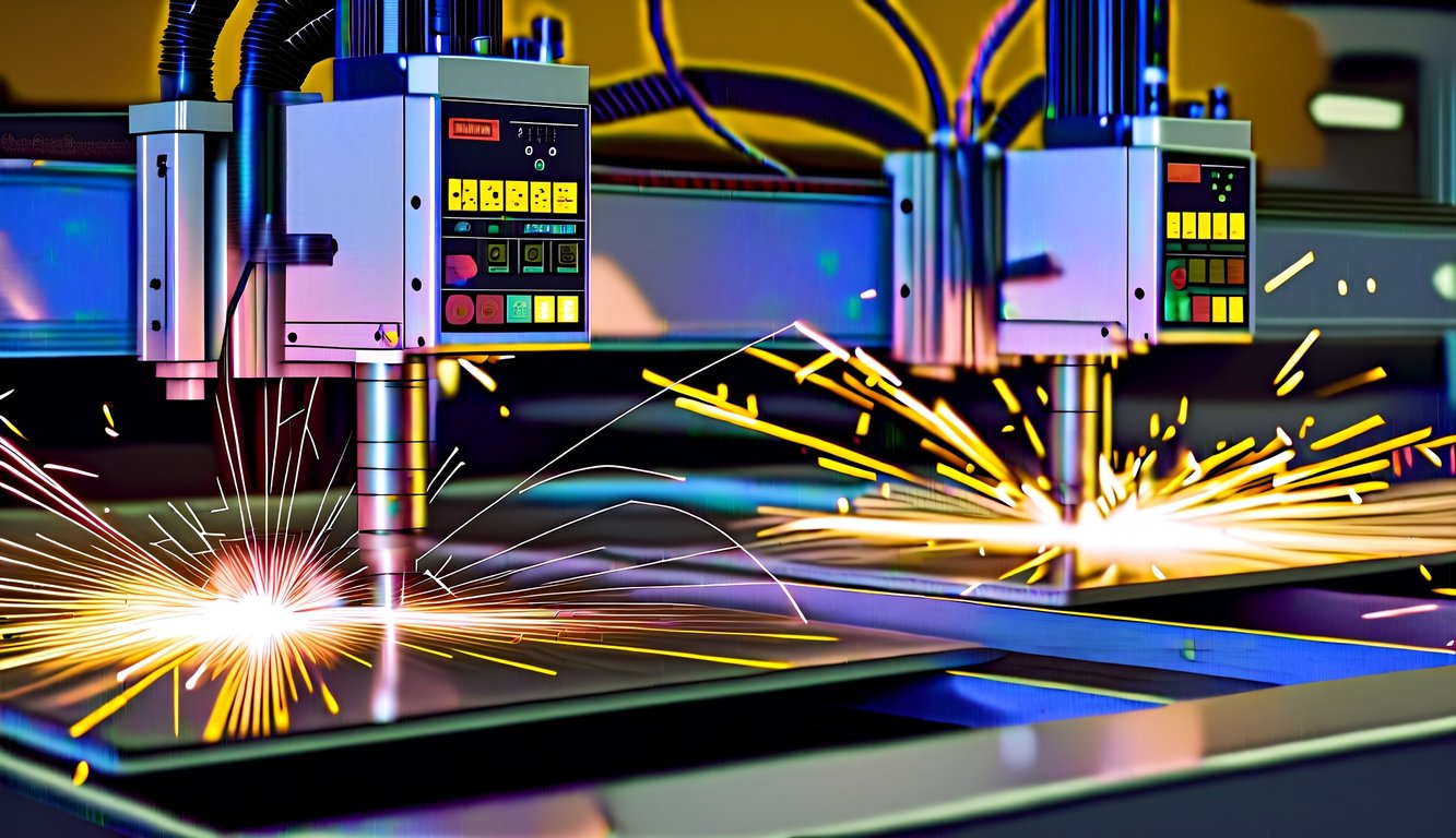 Las chispas que vuelan como máquinas de corte láser y plasma funcionan una al lado de la otra en láminas de metal, mostrando precisión y velocidad