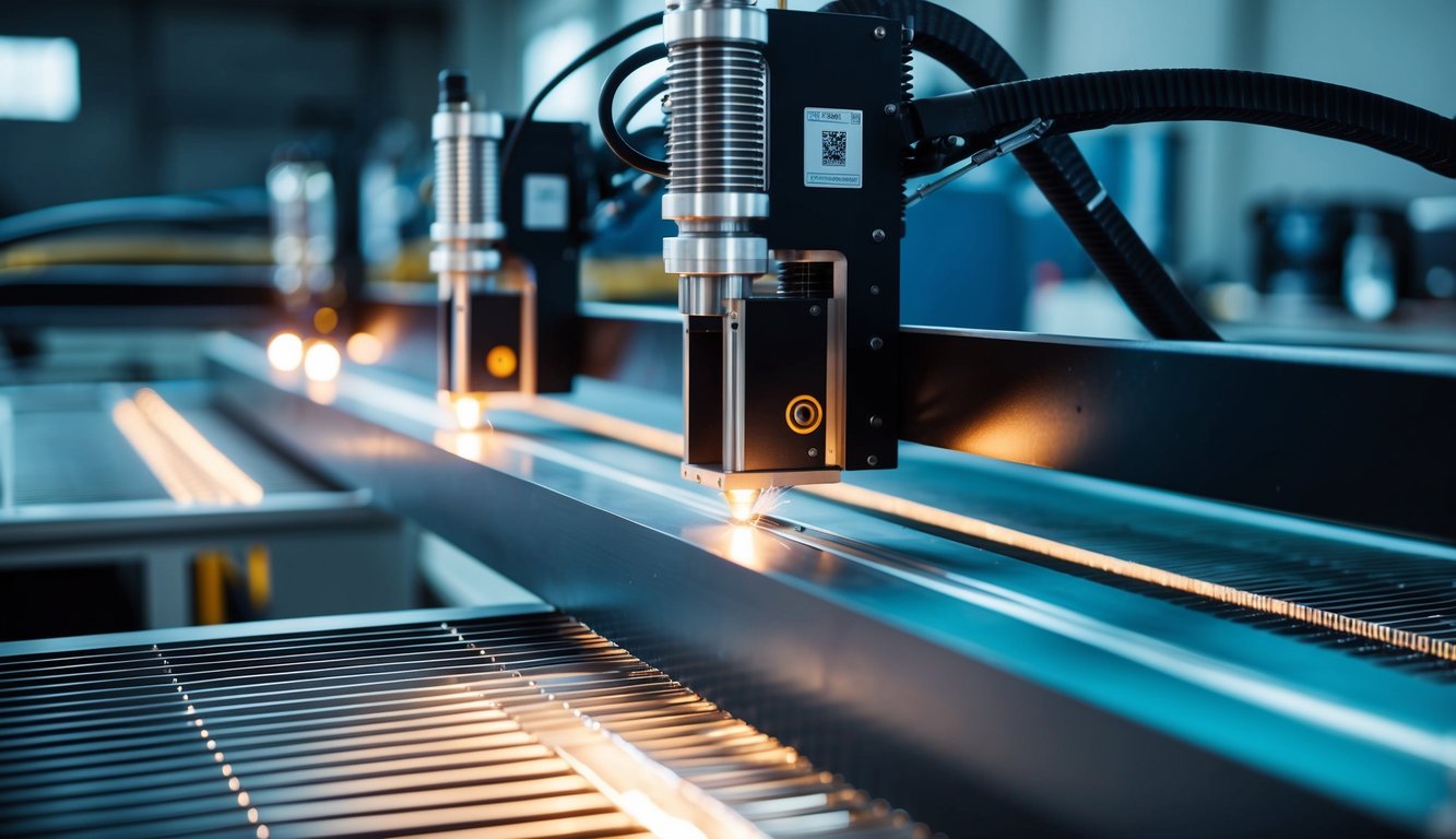 Un taller futurista con máquinas de corte con láser y plasma en acción, creando diseños precisos e intrincados en hojas de metal