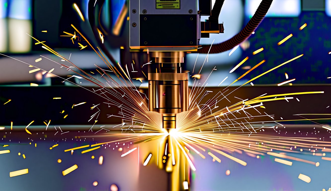 Las chispas vuelan como una lámina de metal se corta la precisión por un láser o un cortador de plasma en un taller industrial moderno