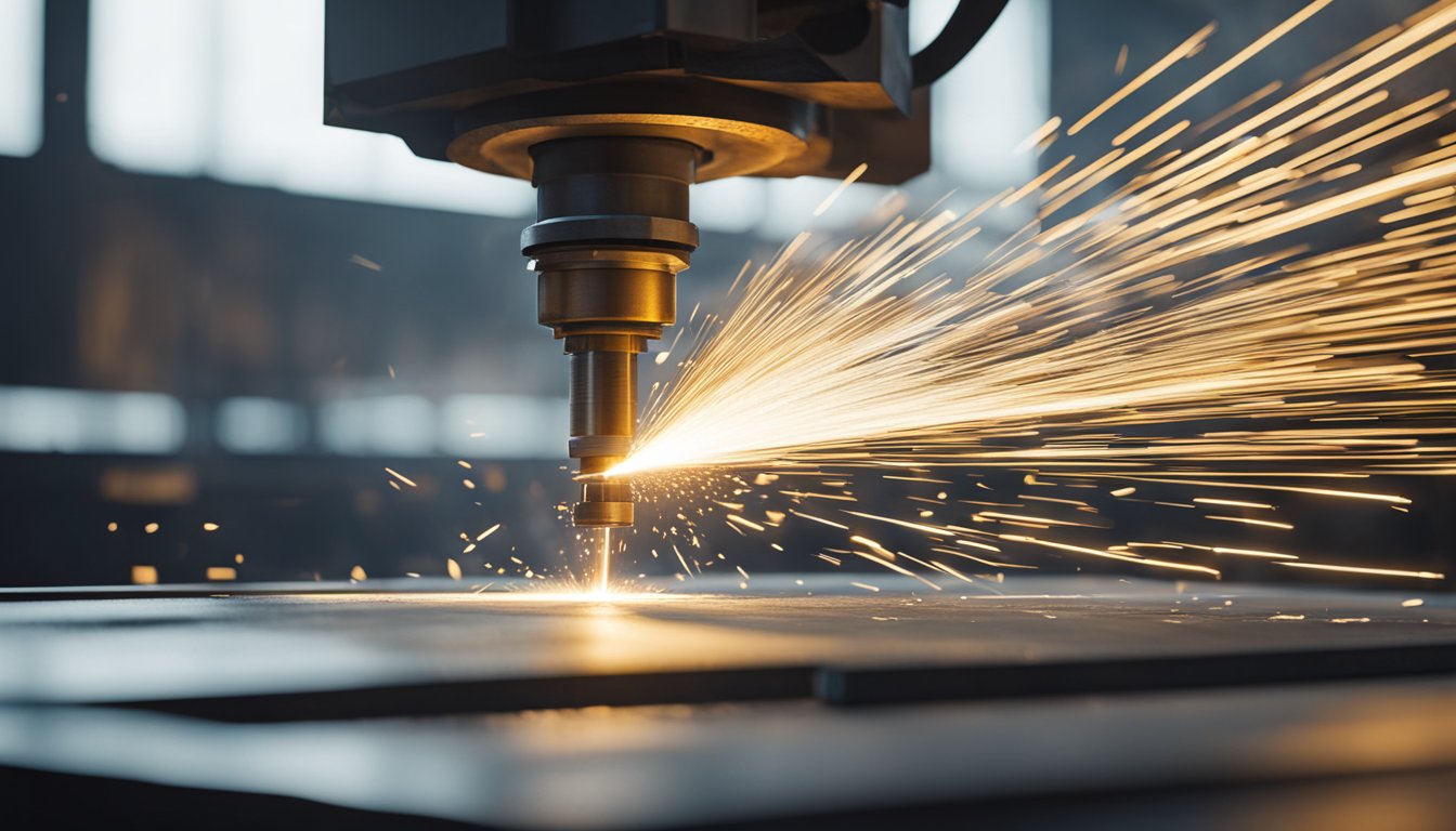 เครื่องตัดพลาสม่า CNC เฉือนแผ่นโลหะหนาและมีประกายไฟปลิวว่อน