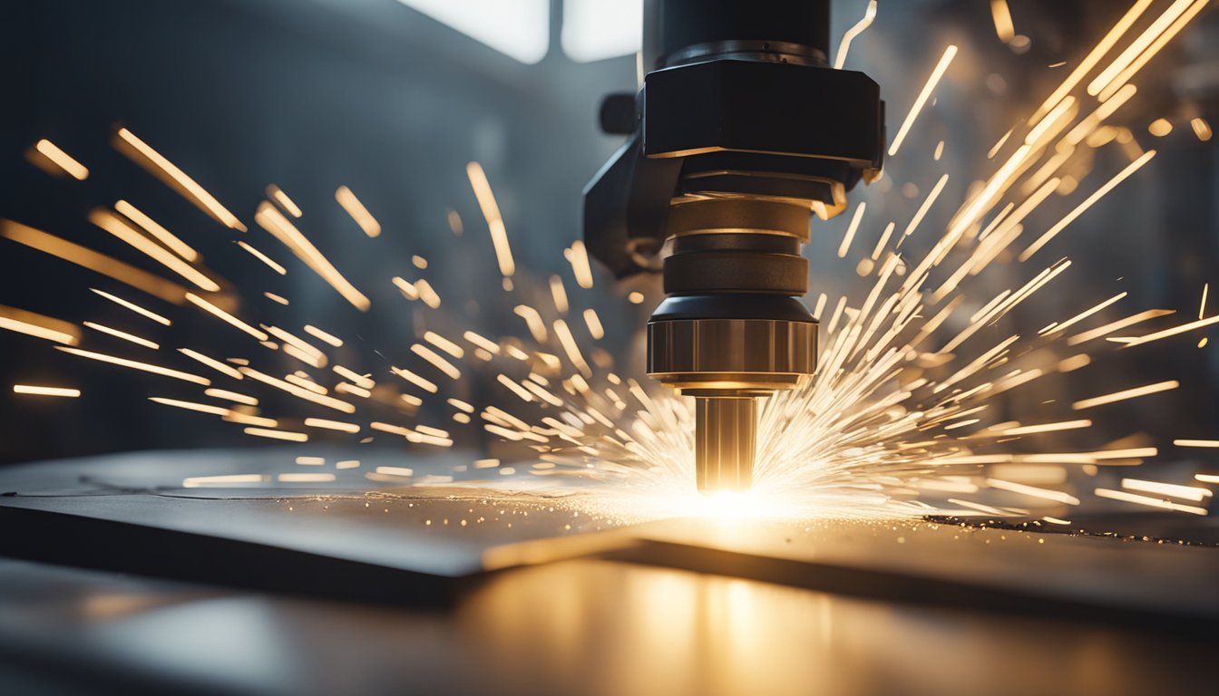 เครื่องตัดพลาสมาเฉือนแผ่นโลหะหนาและมีประกายไฟปลิวว่อน