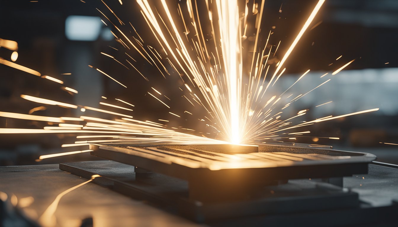 เครื่องตัดพลาสม่าที่ตัดผ่านแผ่นโลหะหนาด้วยความแม่นยำและง่ายดาย ประกายไฟที่สว่างและความร้อนจัดเล็ดลอดออกมาจากกระบวนการตัด