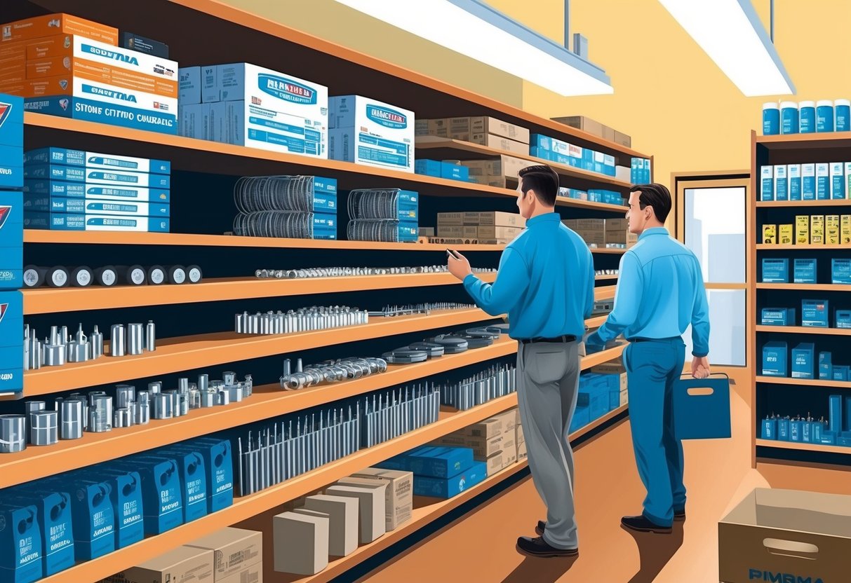 Un affollato negozio di forniture industriali con scaffali riforniti di vari materiali di consumo per il taglio plasma e un cliente che sfoglia la selezione