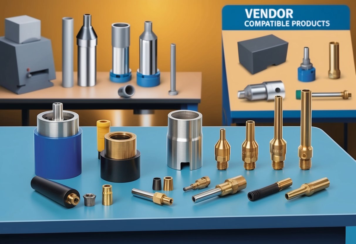 Un tavolo da officina con vari materiali di consumo e strumenti per il taglio plasma, tra cui punte della torcia, elettrodi e ugelli. Visualizzazione di prodotti compatibili da parte di un fornitore in background