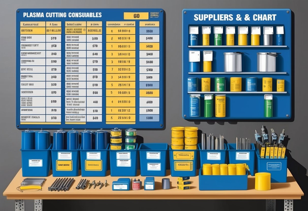 A workshop table with various plasma cutting consumables neatly organized in labeled bins and containers. A wall-mounted chart displaying different suppliers and prices