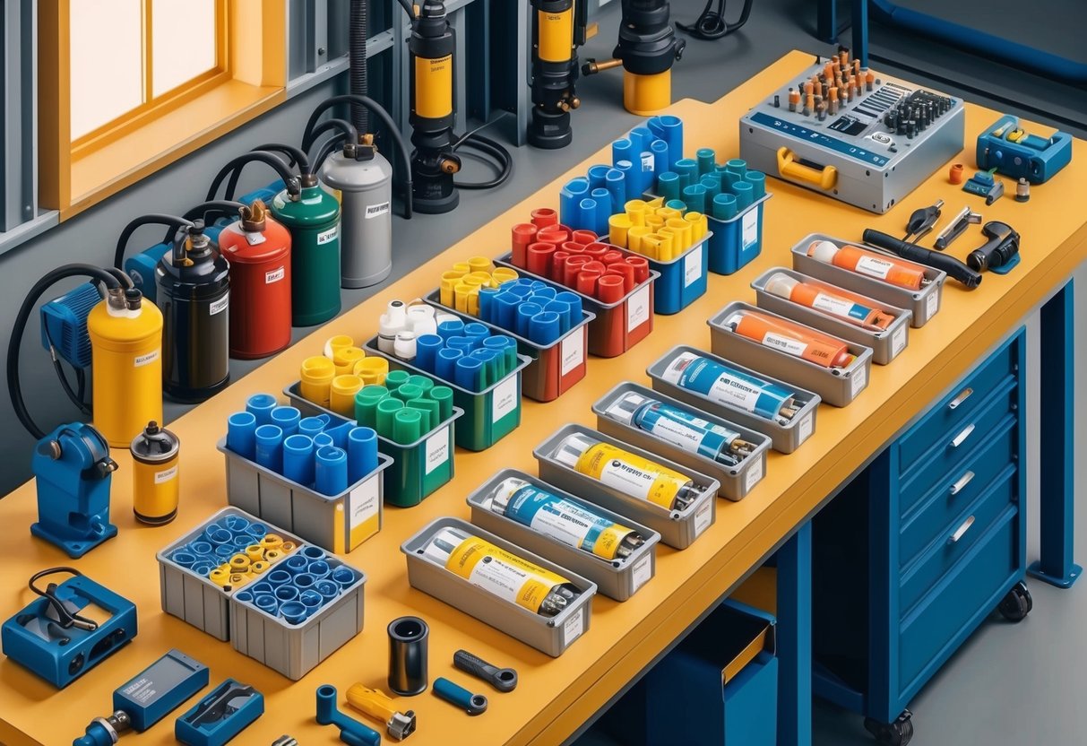 A workshop table with various plasma cutting consumables neatly organized in labeled containers, surrounded by a range of industrial tools and equipment