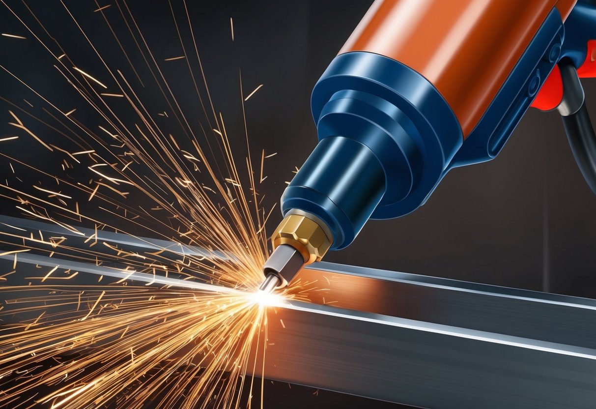 Gnister, der flyver, mens en plasmaskærer skærer gennem metal, hvilket skaber et præcist og rent snit