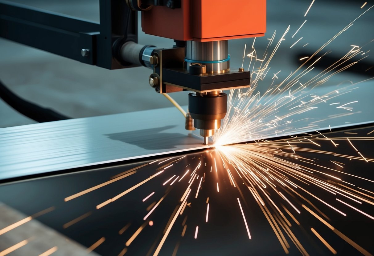 En metalplade, der skæres præcist af en plasmaskæremaskine, med gnister flyvende og en ren, glat kant dannes