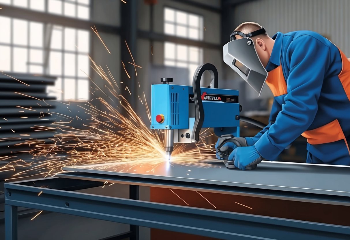 Et metalværksted med gnister, der flyver, mens en plasmaskærer skærer gennem en metalplade