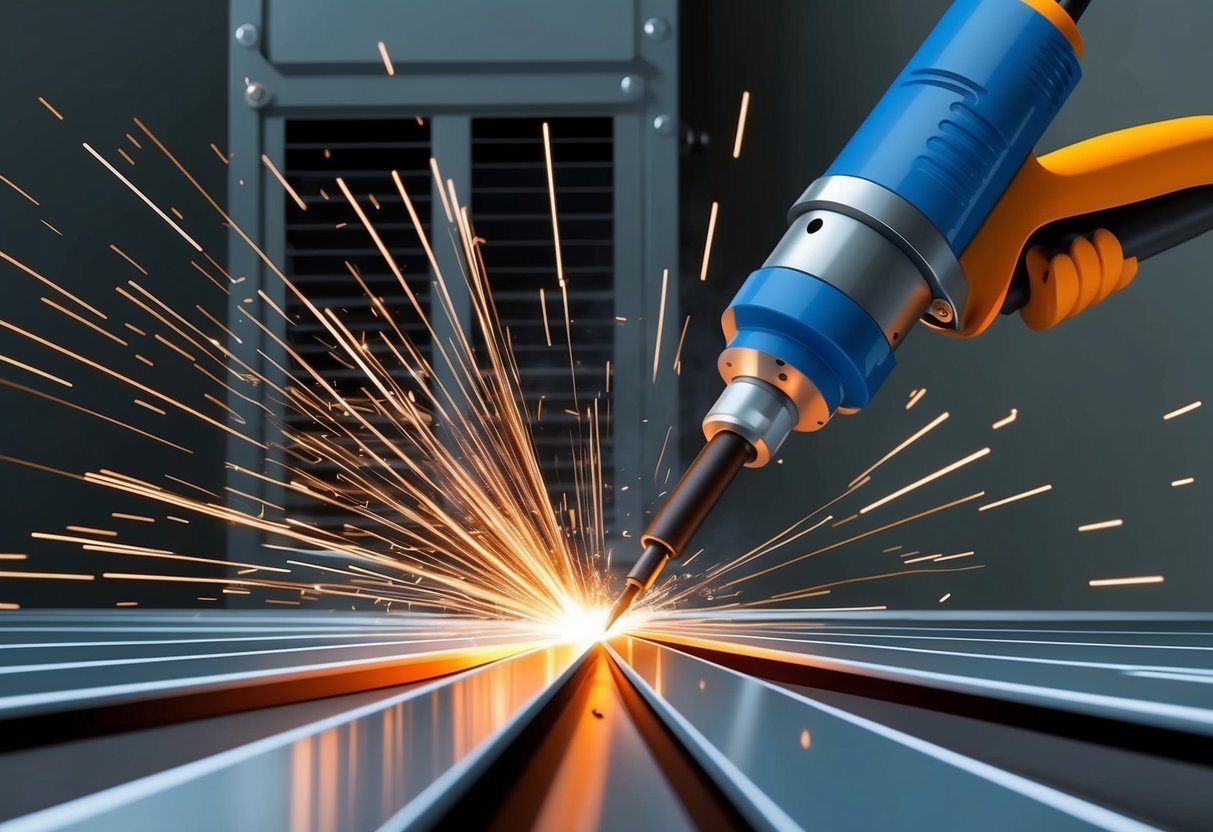 Gnister flyver som en plasmaskærer skærer gennem metal med et ventilationssystem i baggrunden af ​​sikkerheds- og miljøhensyn