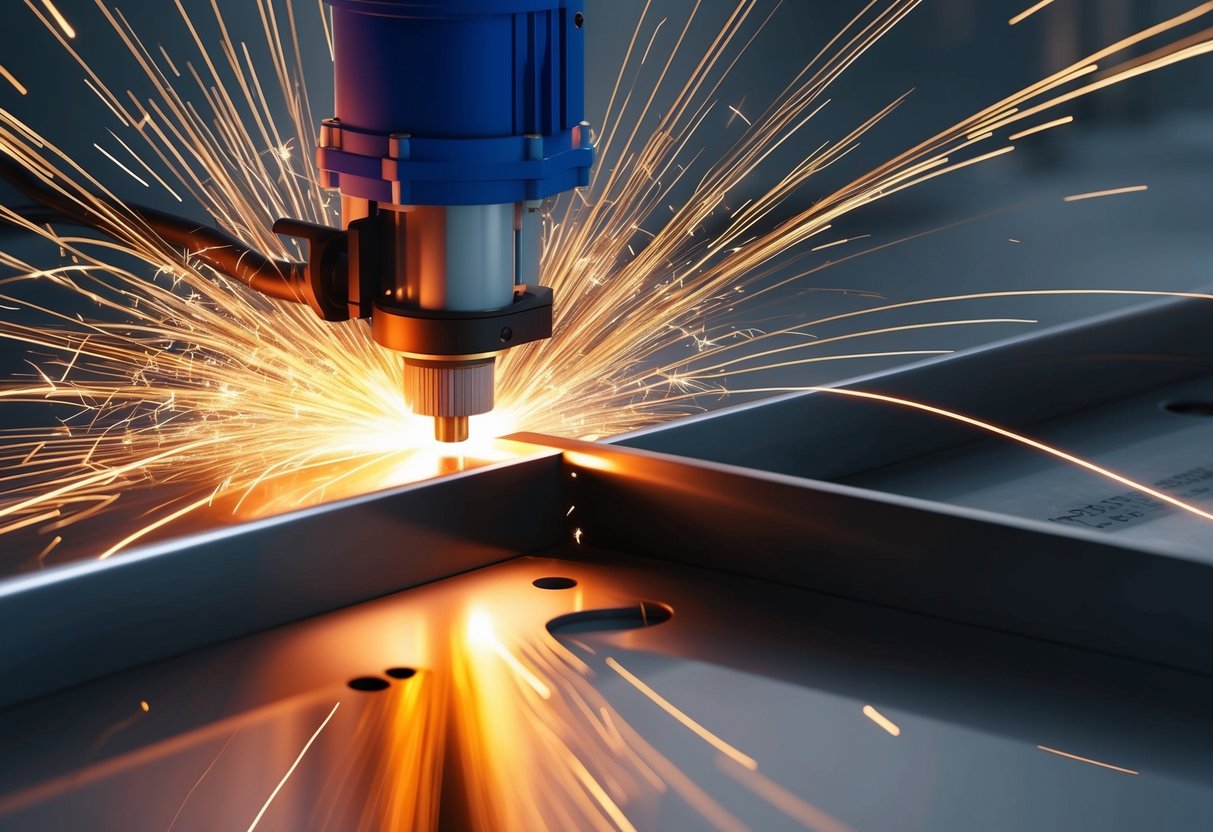 Gnister, der flyver, mens en plasmaskærer skærer gennem metal, hvilket skaber et præcist og rent snit