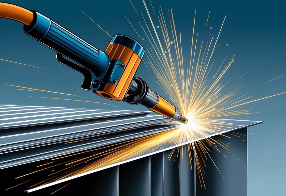 Ein Plasmaschneider schneidet schnell durch Metall und stößt dabei Funken und eine helle, konzentrierte Flamme aus. Das Metallblech wird mühelos und präzise geschnitten und zeigt die Geschwindigkeit des Plasmaschneidens im Vergleich zum Autogenschneiden