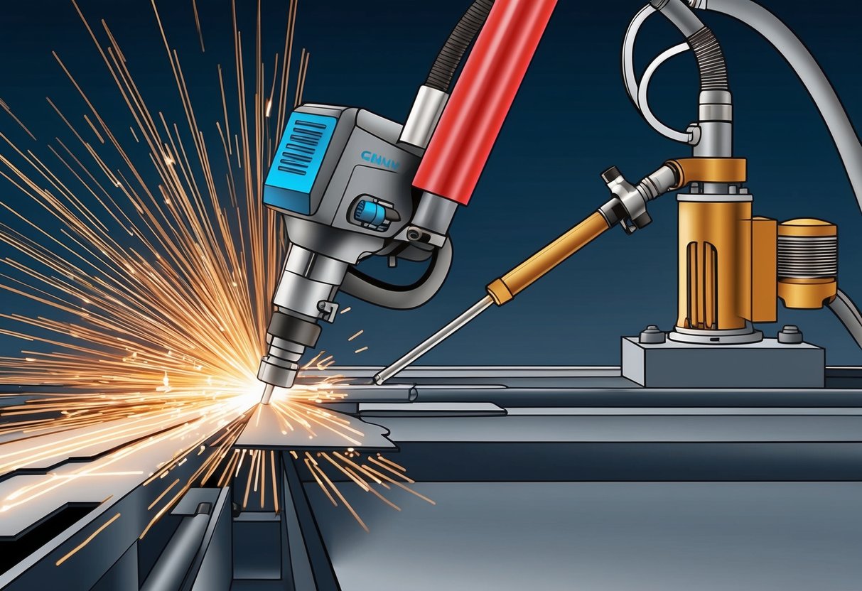 Eine Plasmaschneidemaschine schneidet schnell durch Metall und stößt helle Funken und starke Hitze aus, während in der Nähe ein Autogenbrenner langsamer arbeitet