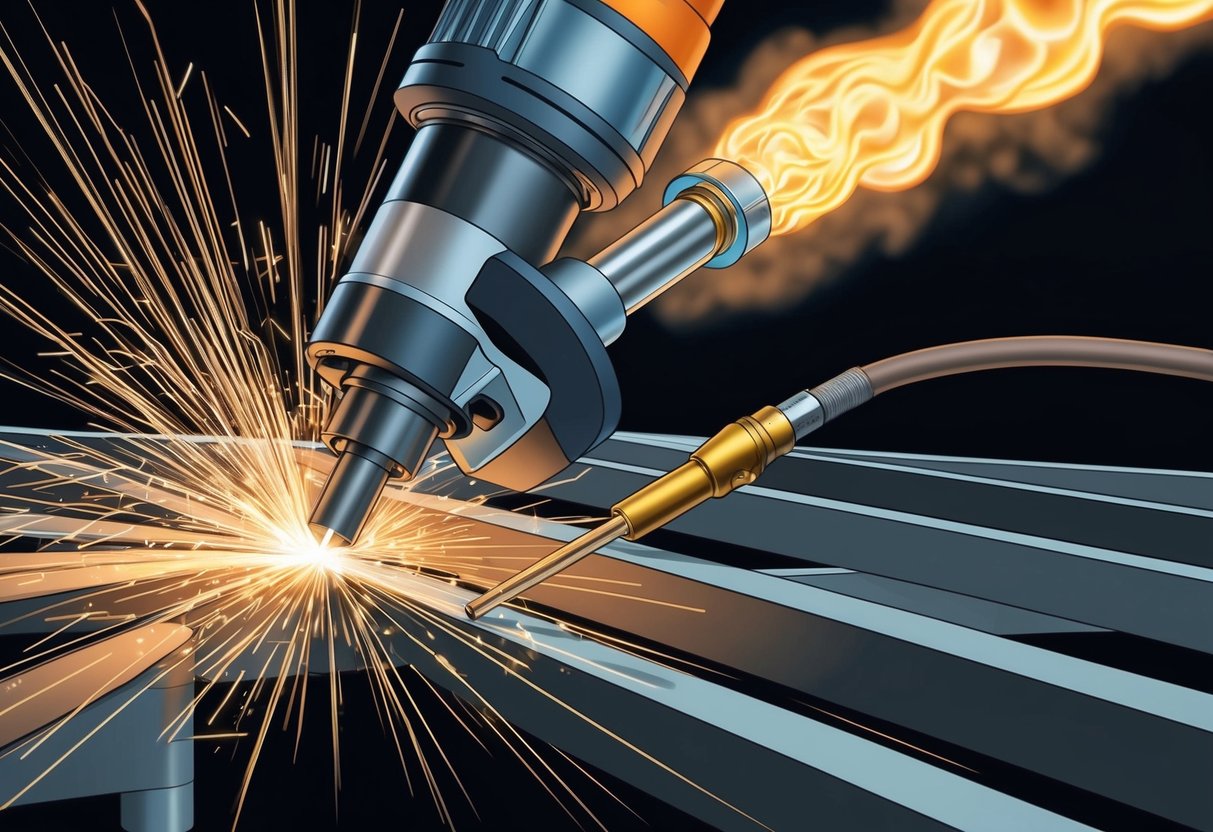 Funken fliegen, wenn ein Plasmaschneider präzise durch Metall schneidet, während ein Autogenbrenner hinterherhinkt und langsamere, rauchige Flammen ausstößt
