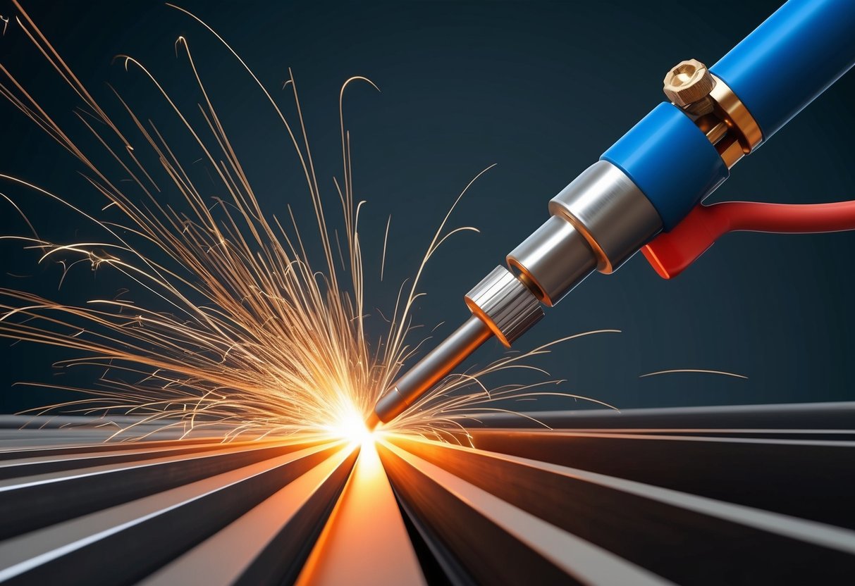 A plasma cutting torch cutting through metal with a stream of gas, creating sparks and a bright, intense light