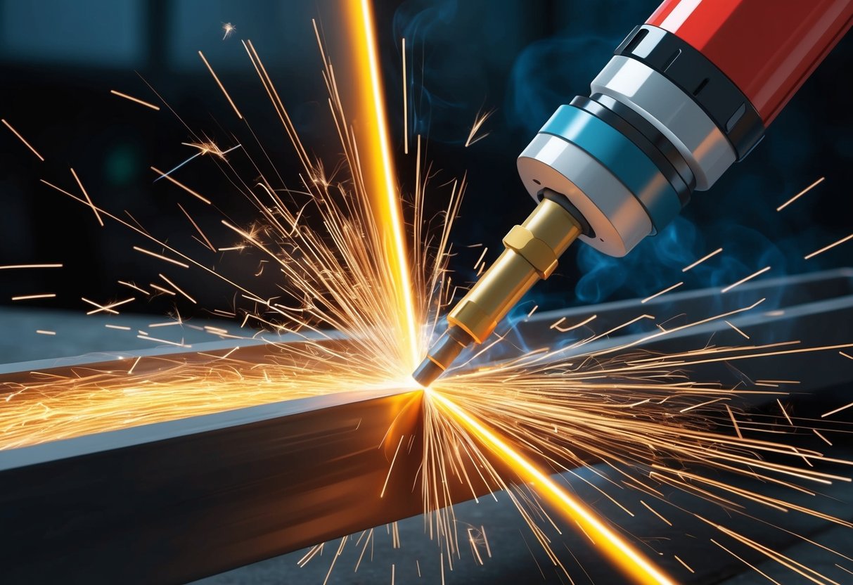 Funken fliegen, wenn der Plasmabrenner durch Metall schneidet und dabei helles Licht und Hitze abgibt. Die Verbrauchsmaterialien nutzen sich mit der Zeit ab und hinterlassen eine Spur aus geschmolzenem Metall und Rauch