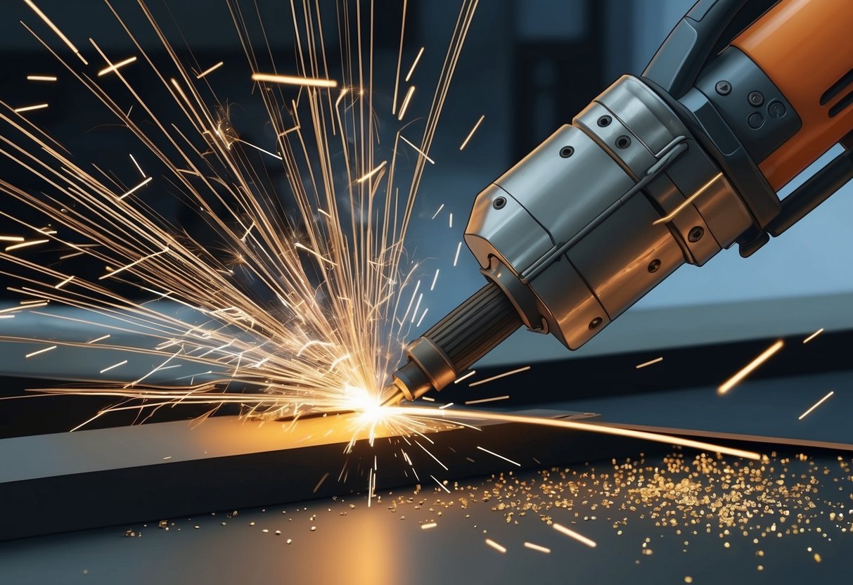 Funken fliegen, während ein Plasmaschneider durch Metall schneidet. Verbrauchsmaterialien weisen Abnutzungserscheinungen auf und geschmolzenes Metall spritzt auf die Arbeitsfläche