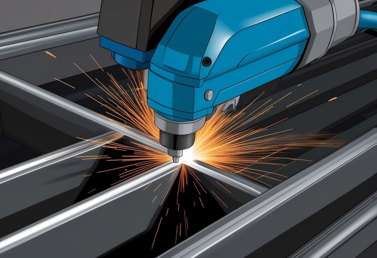 A plasma cutter slicing through metal with sparks flying and smooth, precise cuts being made